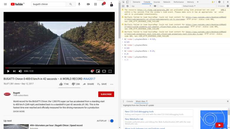 Setting YouTube Playback Speed in Google Chrome Javascript Console