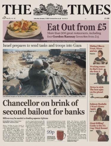 Bloco Gênesis do Bitcoin faz 17 anos, conheça a história 2 Capa do jornal The Times com a manchete sobre o resgate de bancos e uma imagem de soldados em uma situação militar.