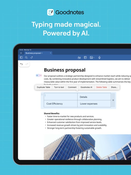 A screenshot showing notetaking app Goodnote's AI assistant that could help with document creation