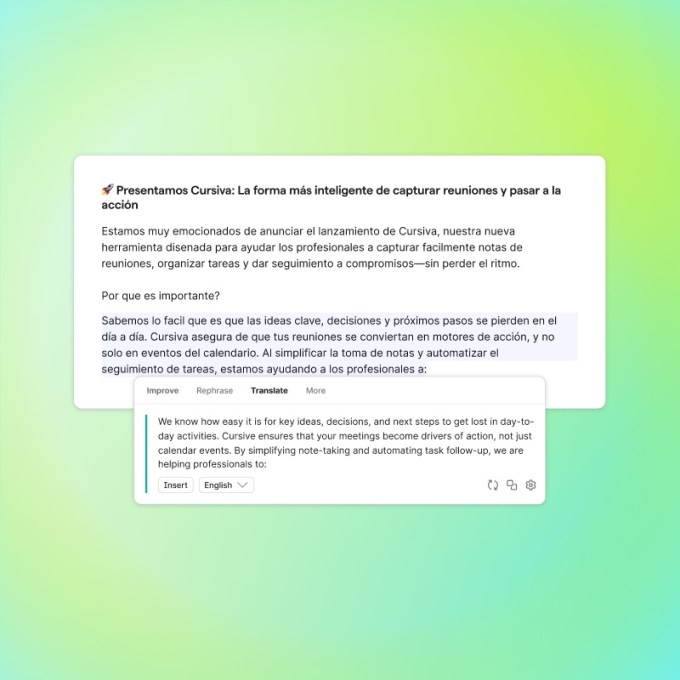 A screenshot showing Grammarly's new in-line translation support from Spanish to English