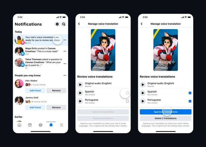 Screenshots of Facebook interface for creators that shows screens to view, review, and approve AI-powered translations of their review
