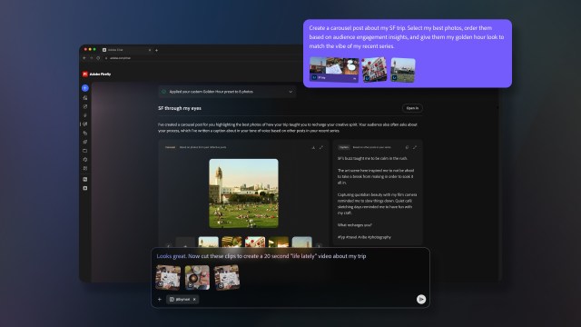 An illustrative image showing prototypes of Adobe's new project of cross-app assistant is a system that gets data from all of its apps.