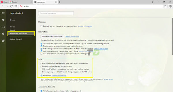 Opera Browser VPN settings