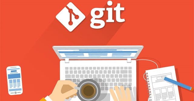 Illustration of a person working on a laptop with a cup of coffee, featuring the Git logo and a smartphone on the side.