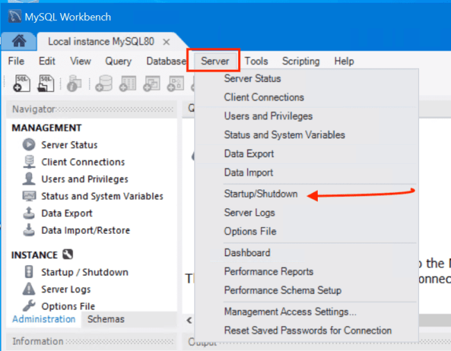 Screenshot of MySQL Workbench interface showing the Server menu with options including Startup/Shutdown and Server Logs.