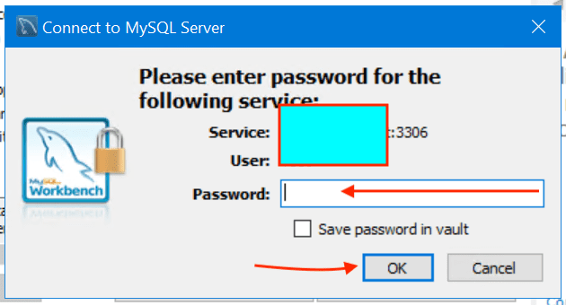 MySQL Workbench login prompt showing fields for service, user, and password with OK and Cancel buttons.