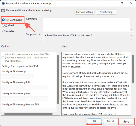 Group Policy settings for BitLocker startup options are in conflict