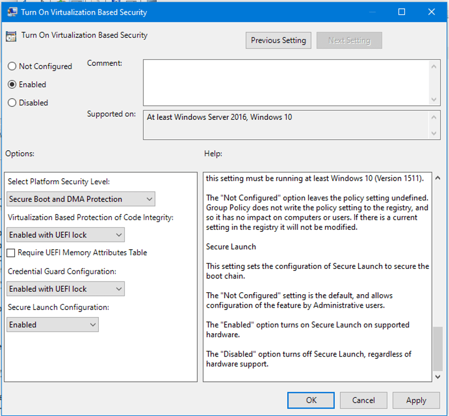 Windows Group Policy Editor showing the configuration settings to enable Virtualization Based Security and Credential Guard with UEFI lock for system hardening