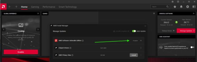 Screenshot of the AMD Install Manager interface displaying options for managing software updates, including the status of AMD Software: Adrenalin Edition with an install button and options for chipset drivers.