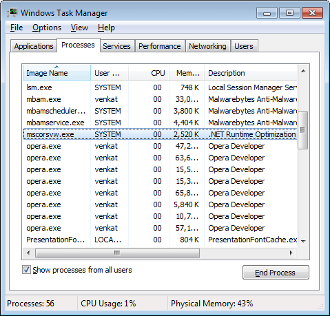 Opening task manager as an administrator from the start menu. What is mscorsvw.exe? How to disable it from running Updated