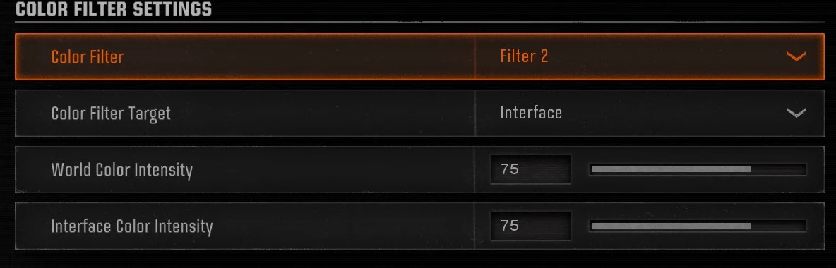 Black Ops 6 colour filter menu showing Filter 2 and Interface target