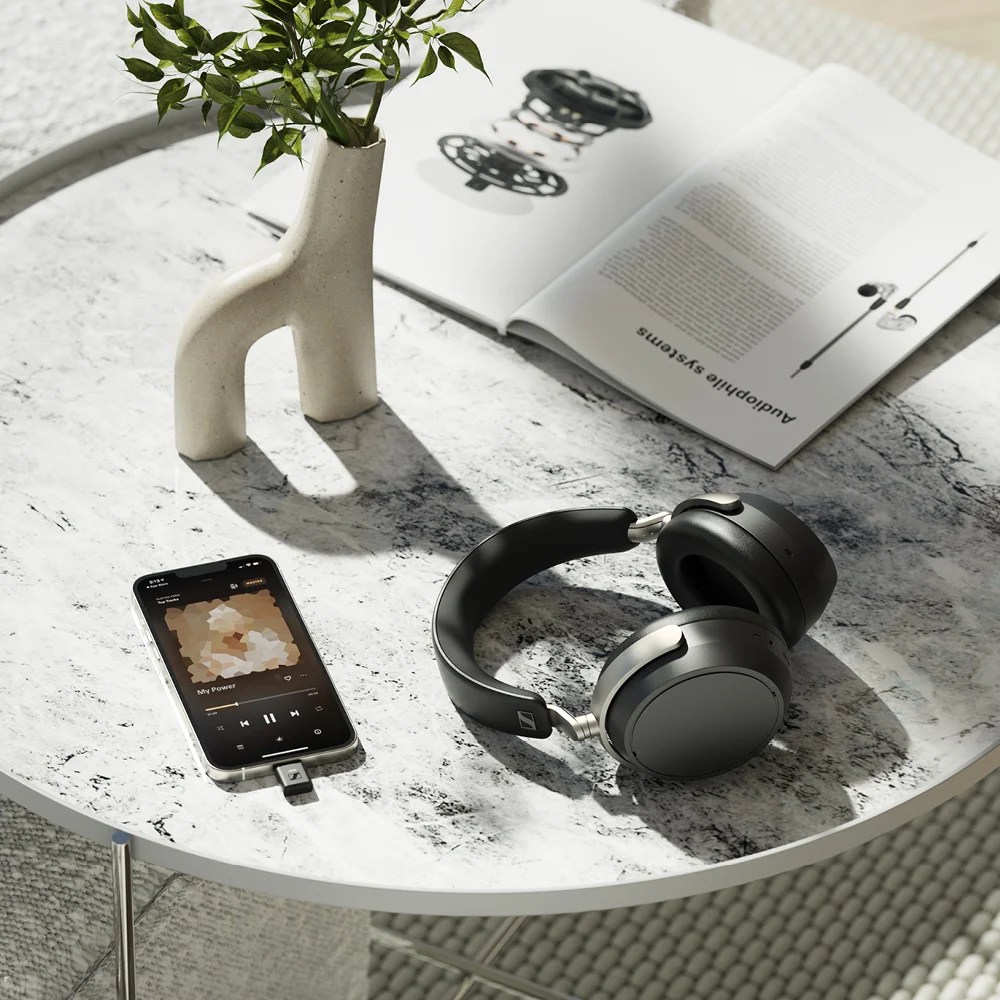 Sennheiser HDB 630 on a desk showing the USB Type C Dongle