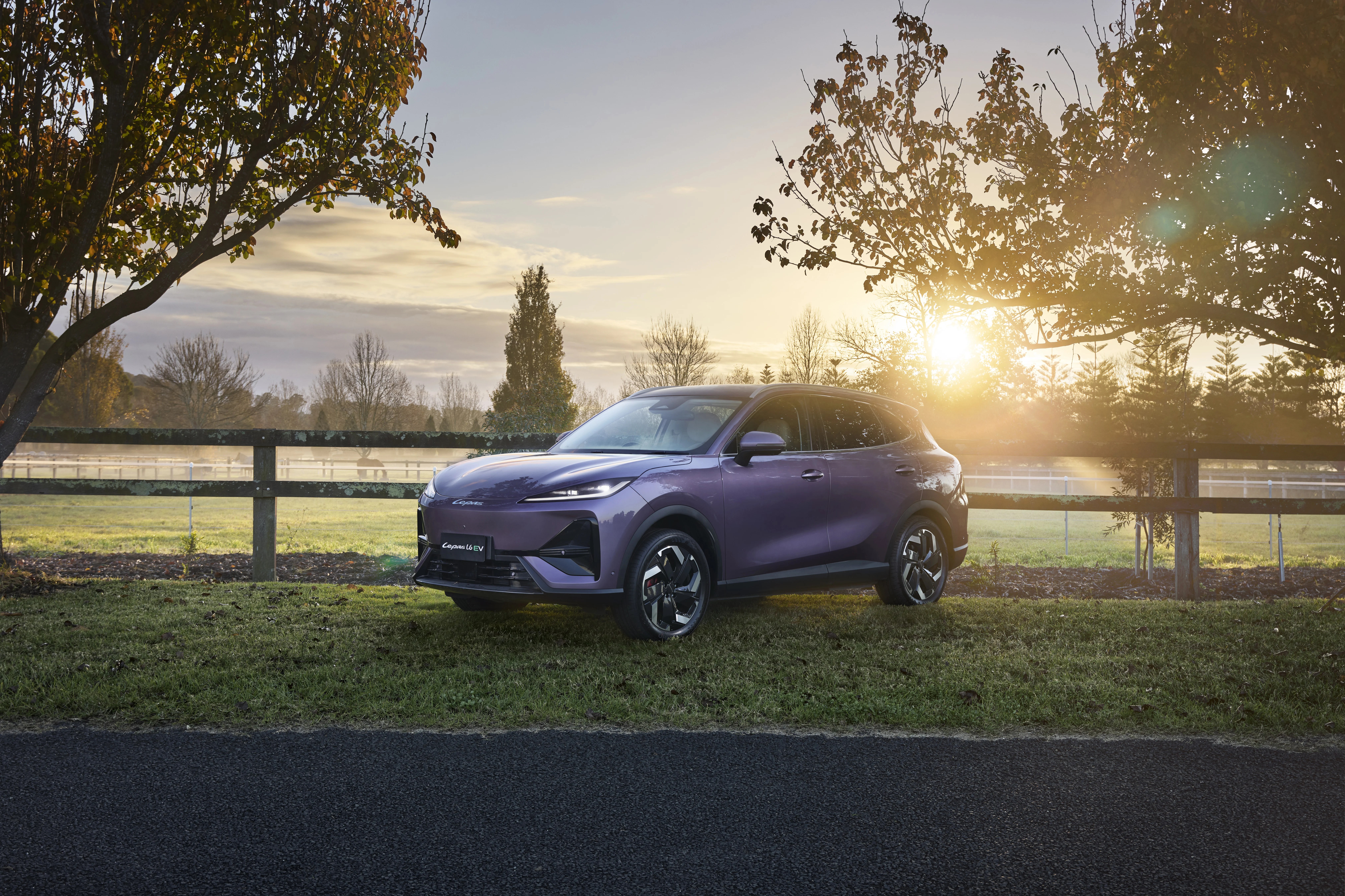 Purple compact electric SUV parked on grass at sunrise beside a wooden fence.