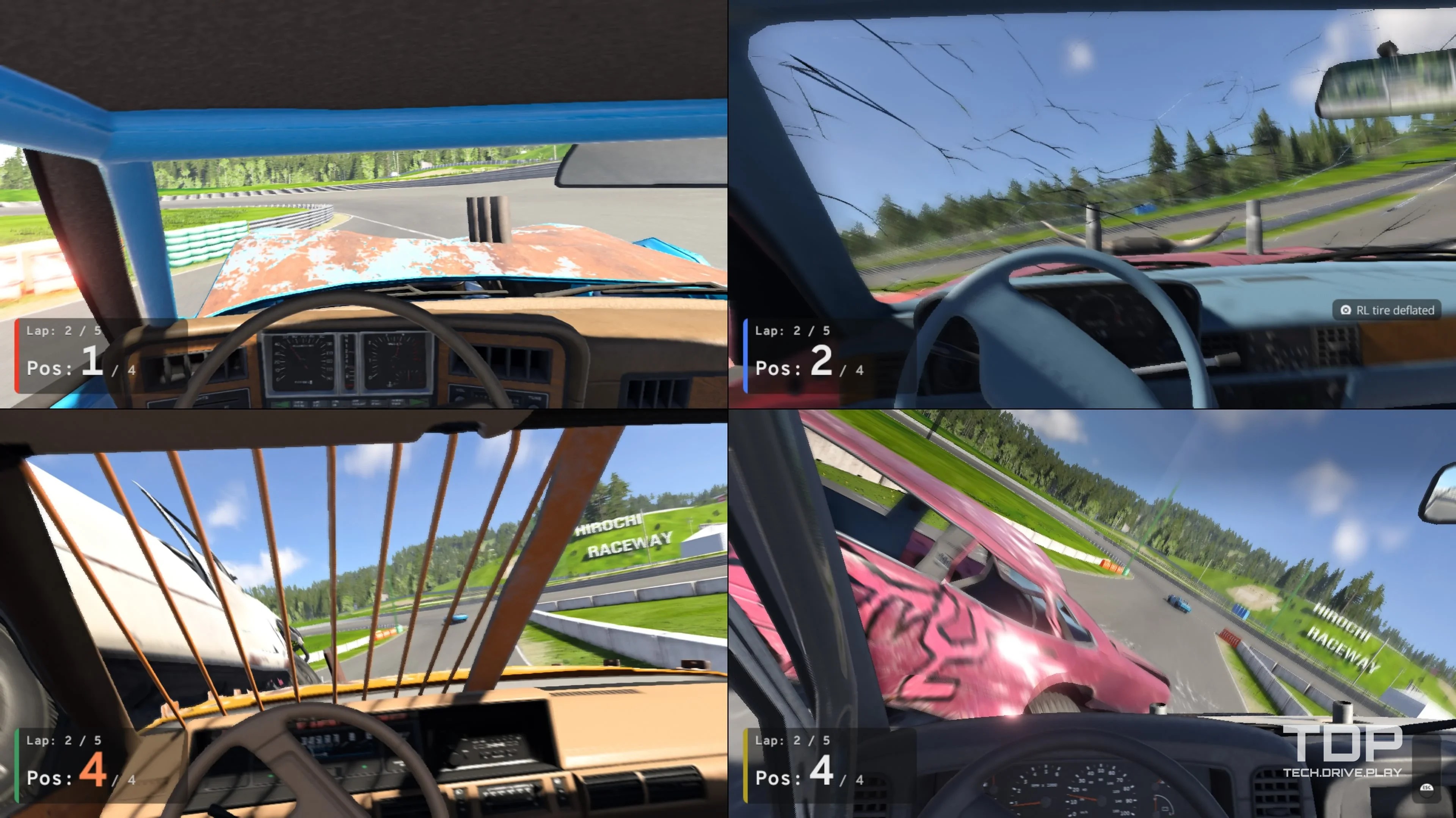 Four cockpit views racing at Hirochi Raceway in BeamNG.drive four-player local split-screen on PS5