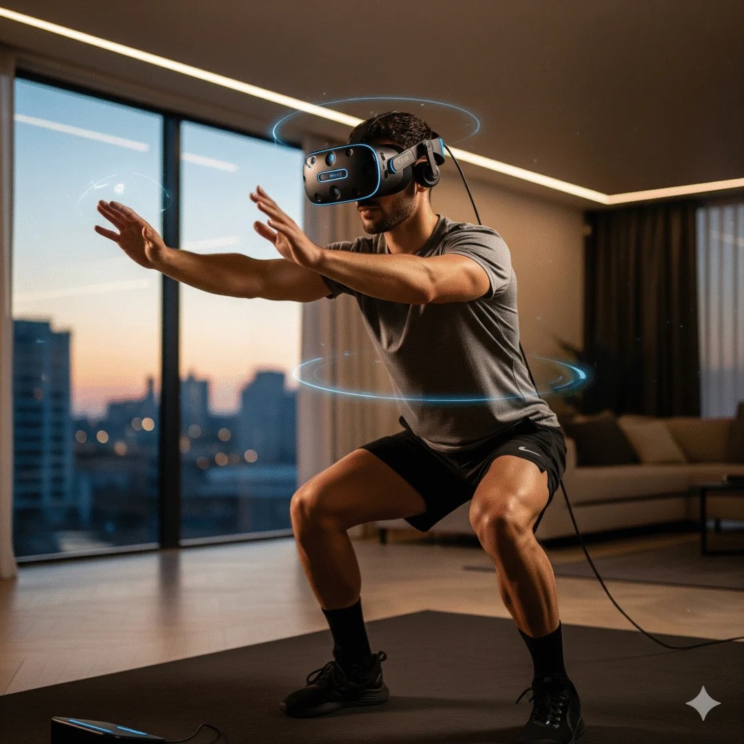 A person using a virtual reality headset for a workout.