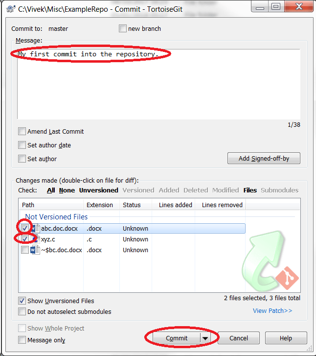 TortoiseGit commit window showing files selected for commit