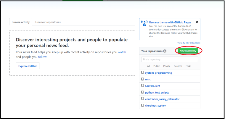 GitHub dashboard with the new repository control highlighted