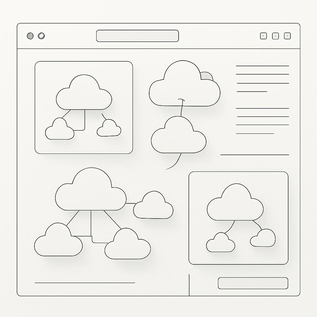 Cloud icons line-drawing on a mock-up webpage.