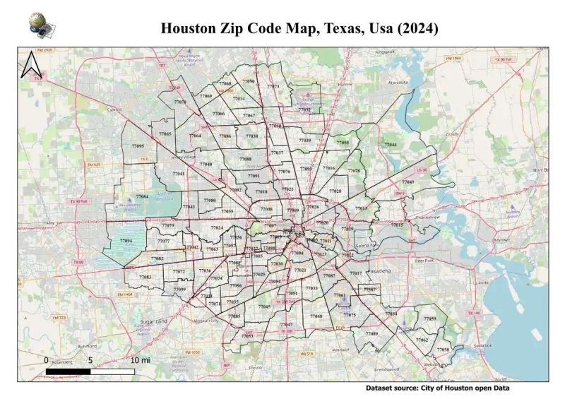 Houston Zip Code Map Techgeo Mapping - Vintage Art Collection - 8K Quality