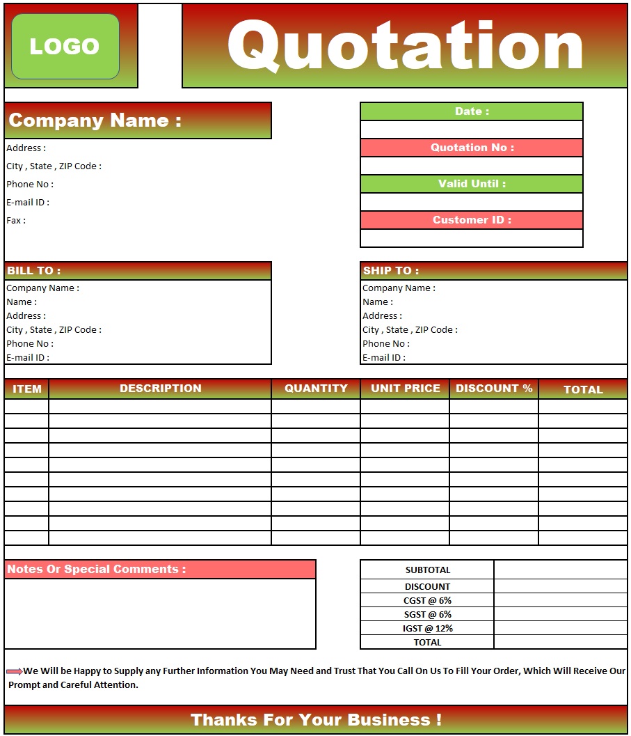 [Excel] Quotation Format in Excel FREE Templates Download (.xls)
