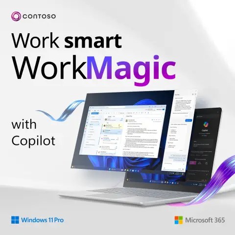 Windows 11 Pro and Microsoft 365 with Copilot, illustrating work magic and AI assistance.