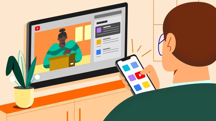 Person watching a YouTube video on a TV while using a smartphone to browse apps at the same time.