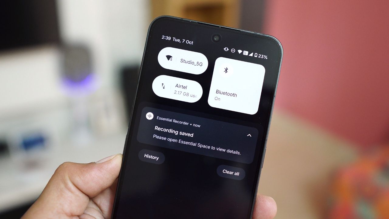 Nothing Phone displaying Essential Recorder notification showing “Recording saved” on screen.