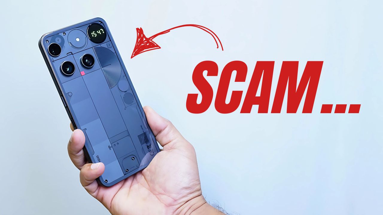 Nothing Phone 3 Amazon Scam user holds Nothing Phone 3 with red text “SCAM” highlighting fake or pre-activated unit issue