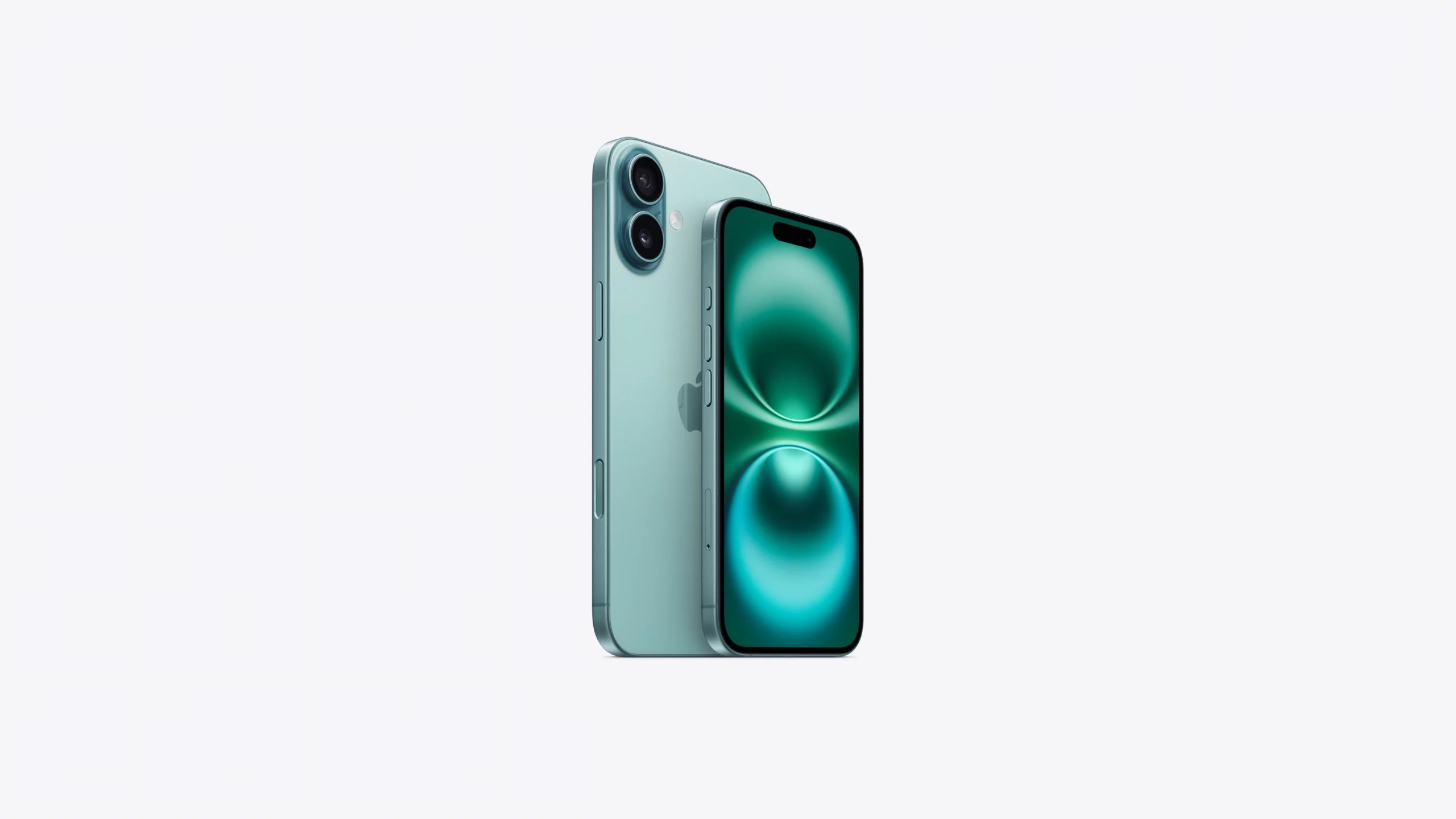 "Apple iPhone 16 in green color showing front display and dual rear camera design"