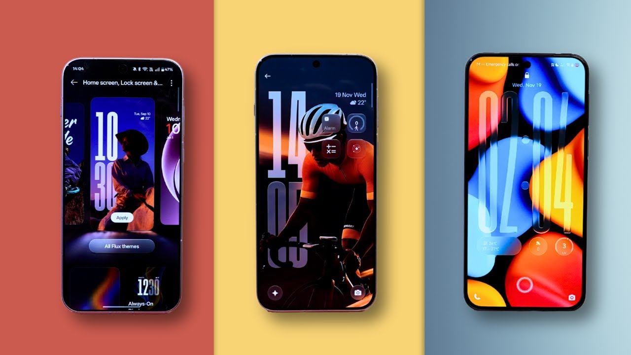 Three smartphones showcasing modern lock screen designs from different Android UI skins, featuring personalized wallpapers, large digital clocks and minimal interface elements.