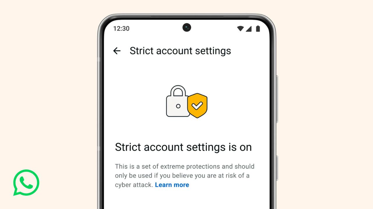 WhatsApp Strict Account Settings screen showing one-click privacy protection enabled on an Android smartphone