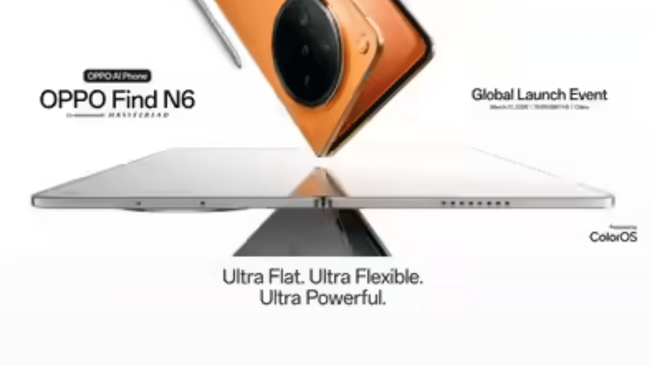 OPPO Find N6 foldable smartphone teaser showing ultra-thin design with circular camera module and tagline Ultra Flat Ultra Flexible Ultra Powerful