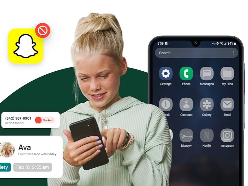 Bark Phone with child using the device and apps visualized