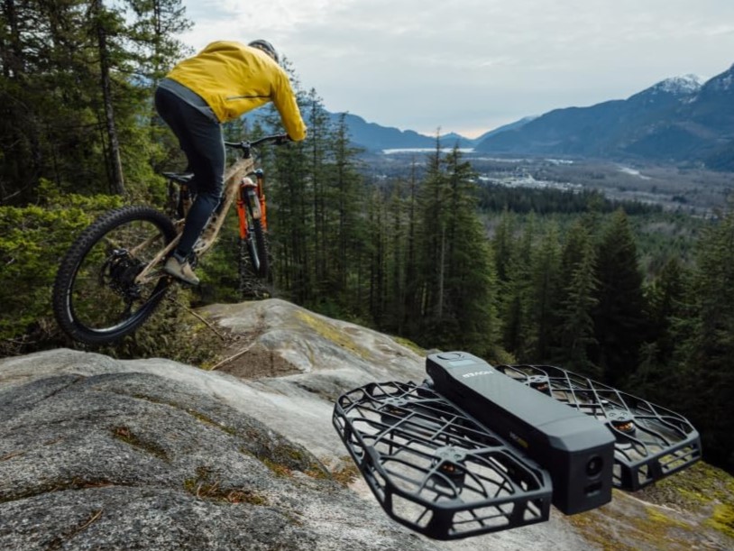 HOVERAir X1 PROMAX 8k self-flying camera drone following mountain biker