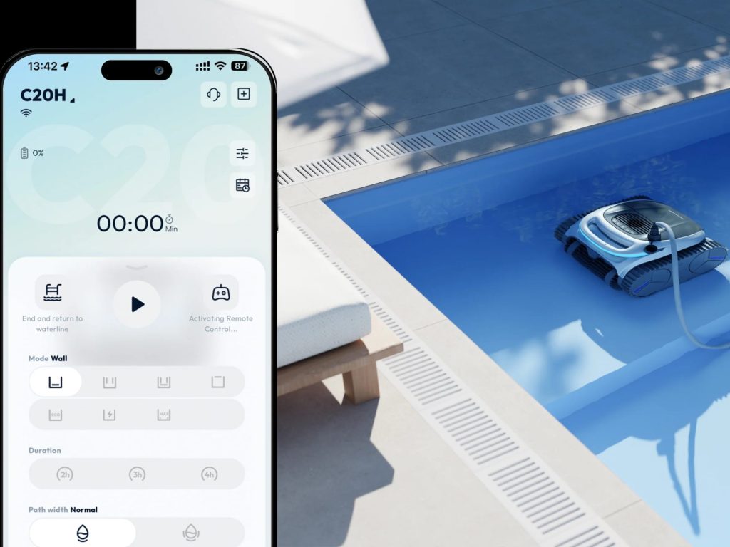 BuBlue BuHybrid L6 pool cleaning robot cleaning with mobile app visible
