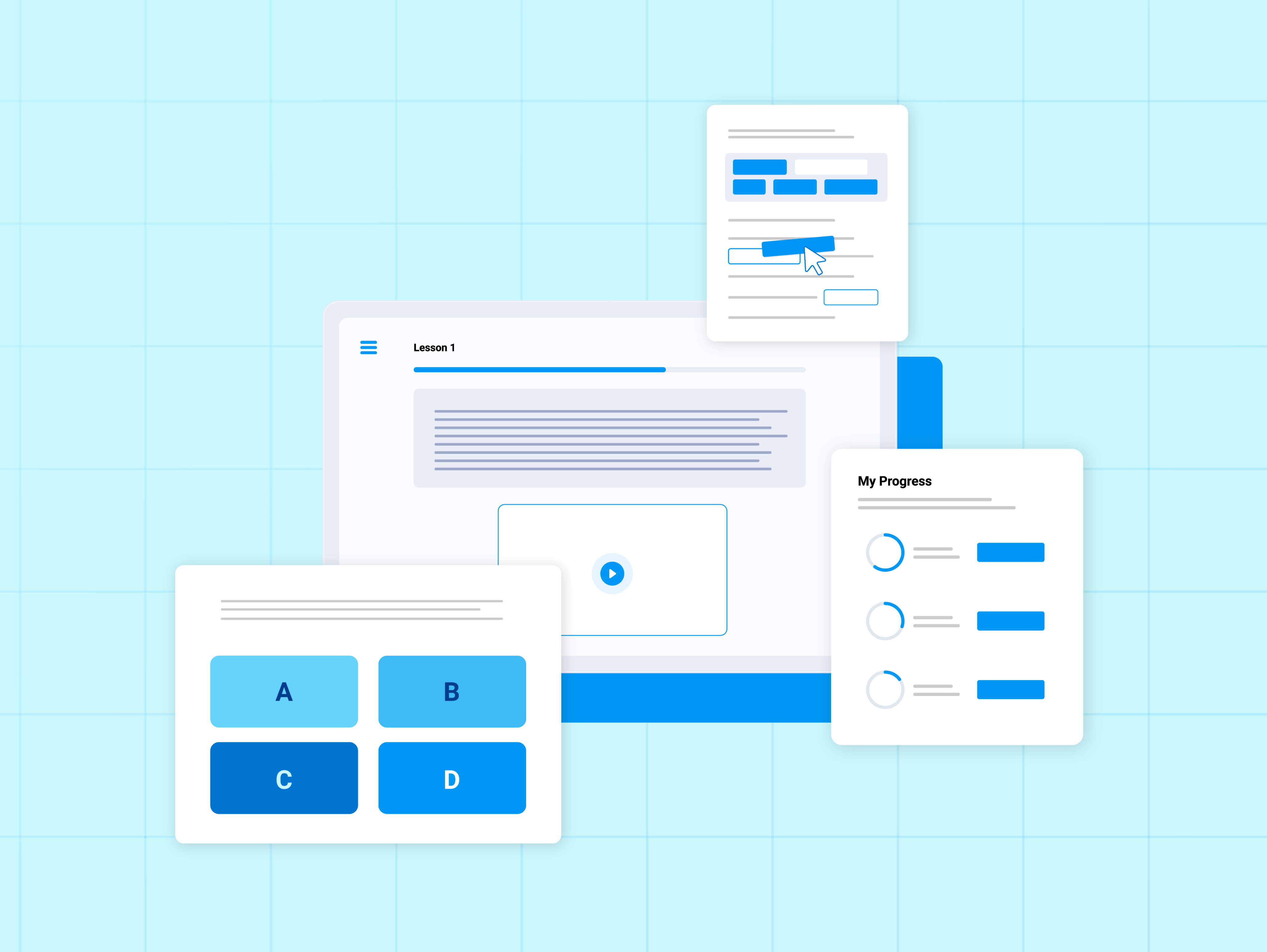 Illustration of interactive learning modules, such as drag-and-drop and multiple choice activities