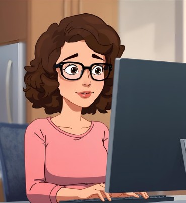 The woman has brown hair and glasses, wearing a pink shirt, sitting at a desk with a laptop open in front of her.