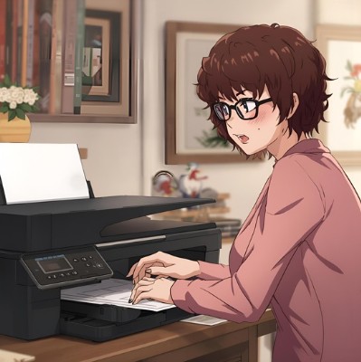 A young woman with glasses is copying an image. The image shows a young woman with short brown hair, glasses, and a pink s...