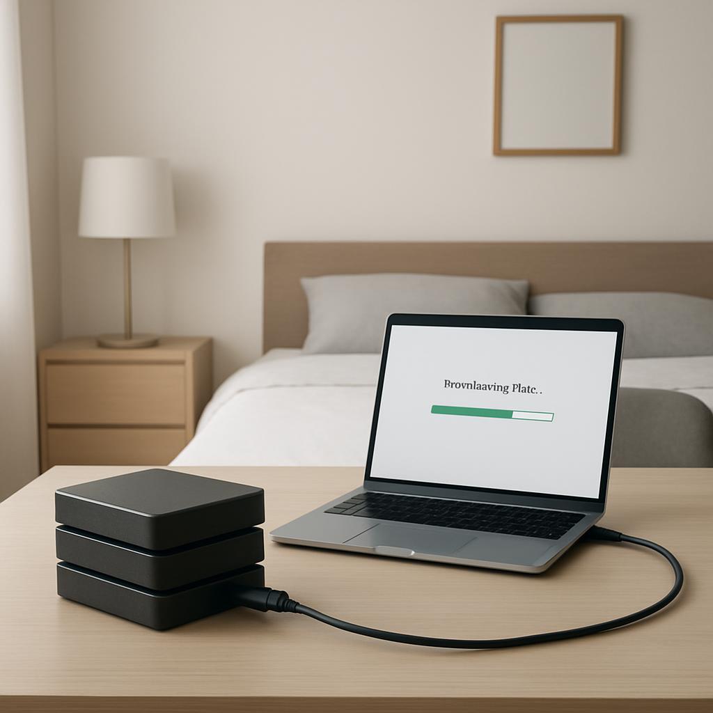 A bedroom with a laptop and two black external hard drives on a desk, connected by a cable.