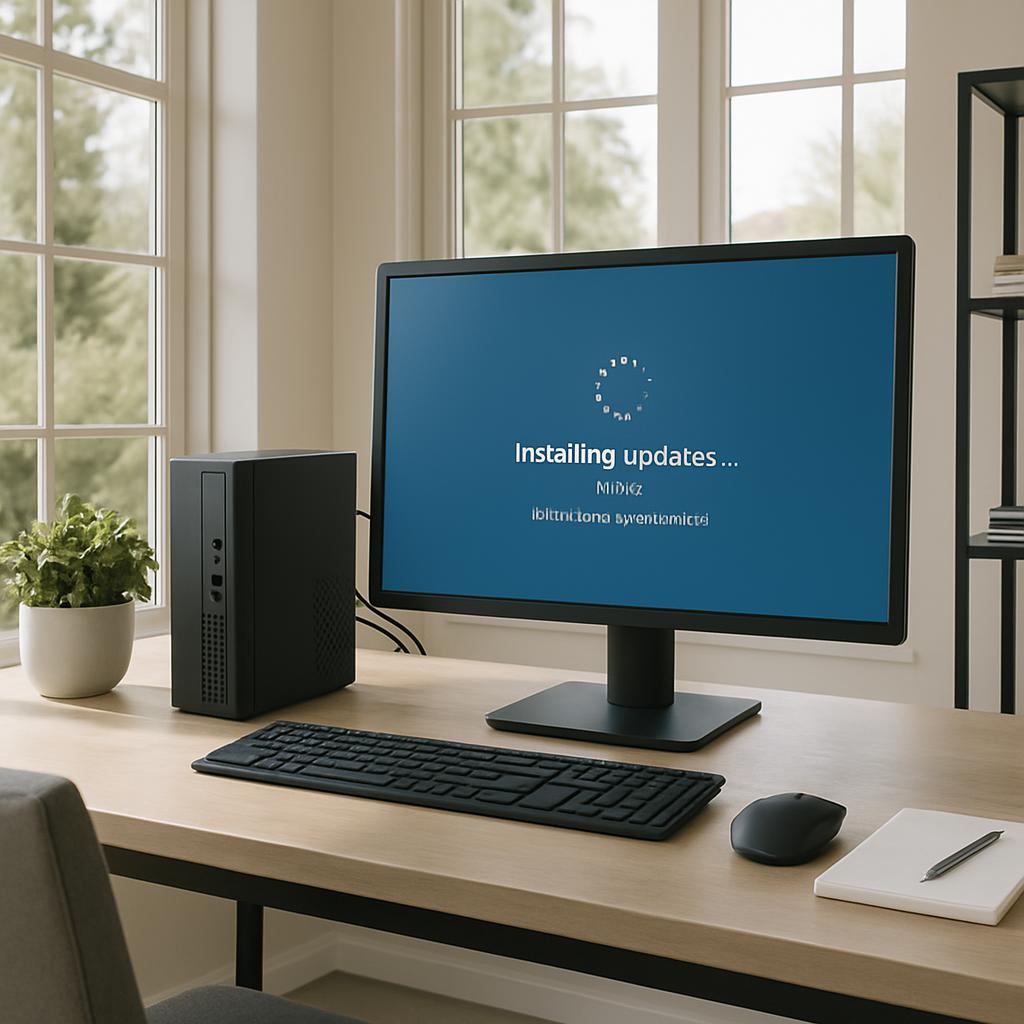 Windows update in progress screen, with desktop monitor showing installing updates in progress screen.