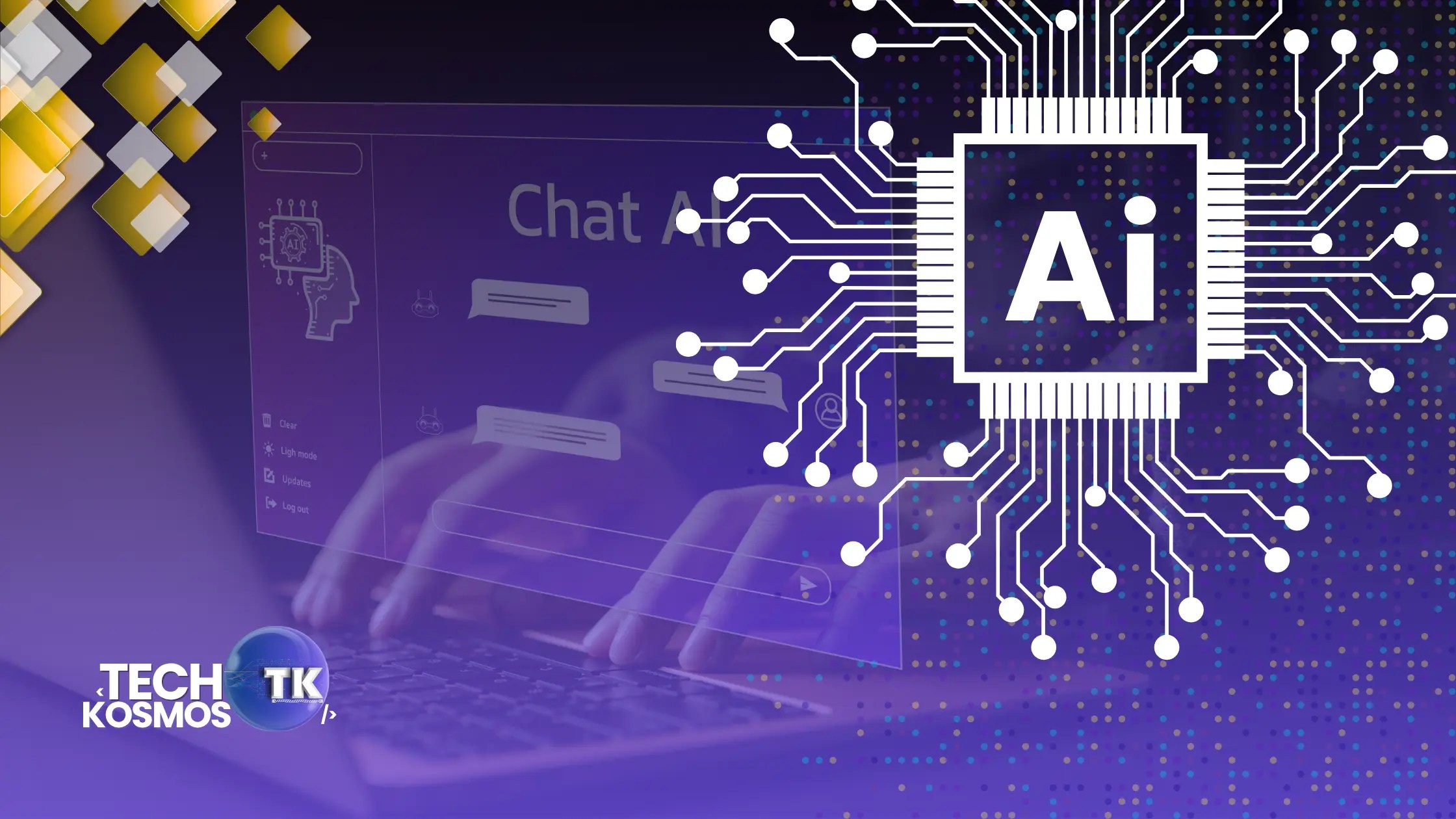 Artificial intelligence integration in web development with futuristic UI elements and data flow
