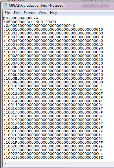 en compileret hex fil åbnet med notepad