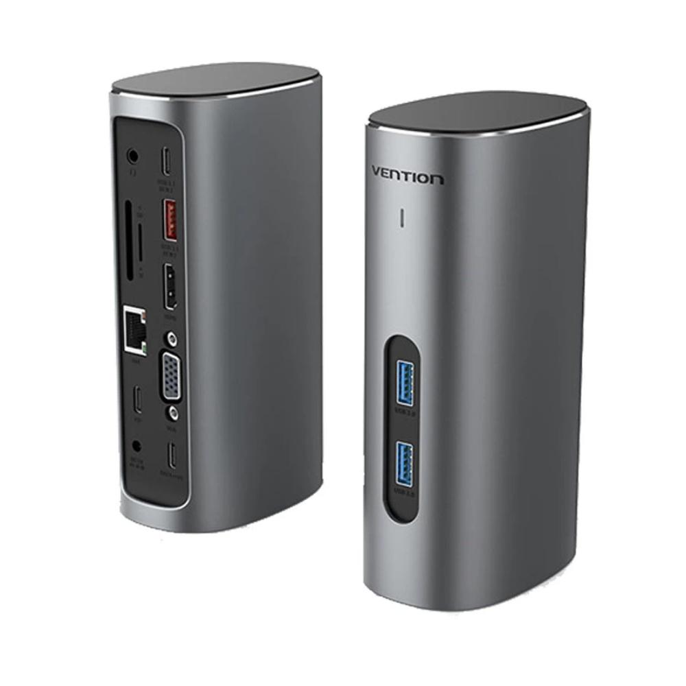 VENTION Type-C to HDMI/VGA/USB 3.1 Gen 2/USB 3.1 Gen 2-C/USB 3.0x2/RJ45/SD/TF/TRRS 3.5mm/PD 100W/DC 10W Docking Station Gray Vertical Aluminum Alloy Type (TPJH0-EU) (VENTPJH0-EU)