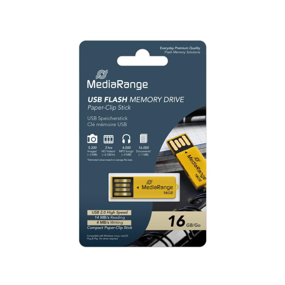 MediaRange USB 2.0 Nano Flash Drive Paper-clip stick 16GB (Yellow) (MR976)
