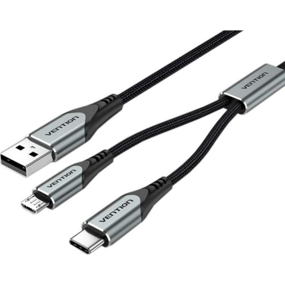 VENTION Nylon Braided USB 2.0 A Male to Type-C 3A & Micro B Male 2A Y-Splitter Cable 1M Gray Aluminum Alloy Type (CQGHF) (VENCQGHF)