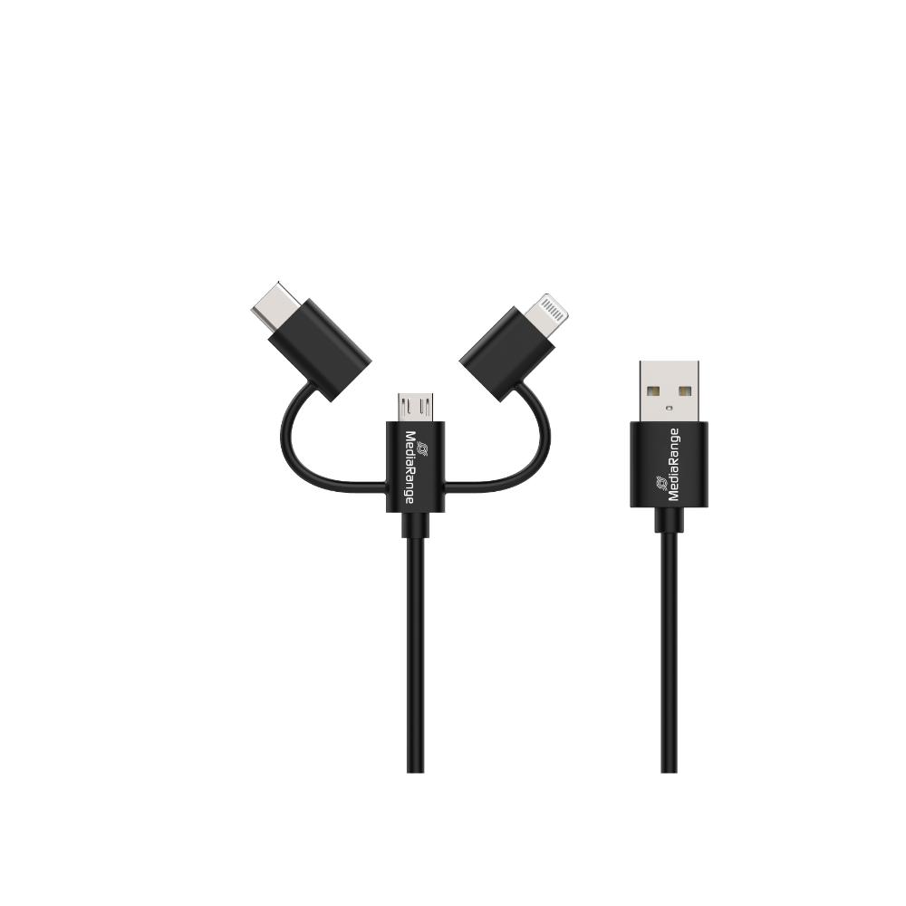 MediaRange 3-in-1 Charge and Sync Cable, micro USB, USB Type-C® and Apple Lightning® Connectors, USB 2.0 480 Mbps, 12W max., 1.0m, Black (MRCS246)