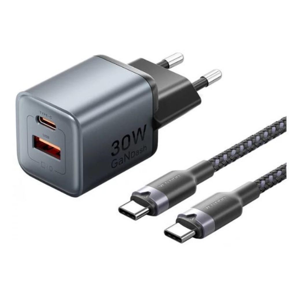 VENTION 2-Port USB (C + A) GaN Charger (30W/18W) Gray with USB-C to USB-C Cable (1M) Black EU-Plug (TZ-FEWH0-EU) (VENTZ-FEWH0-EU)