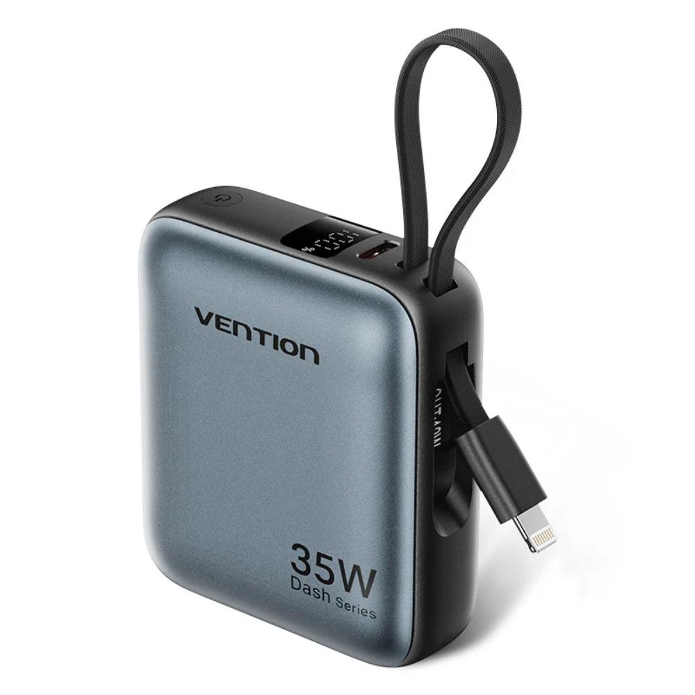 VENTION 10000mAh Mini Power Bank (USB-C + USB-C/Lightning) with Built-in USB-C and Lightning Cables 35W Beige (FHFN0) (VENFHFN0)