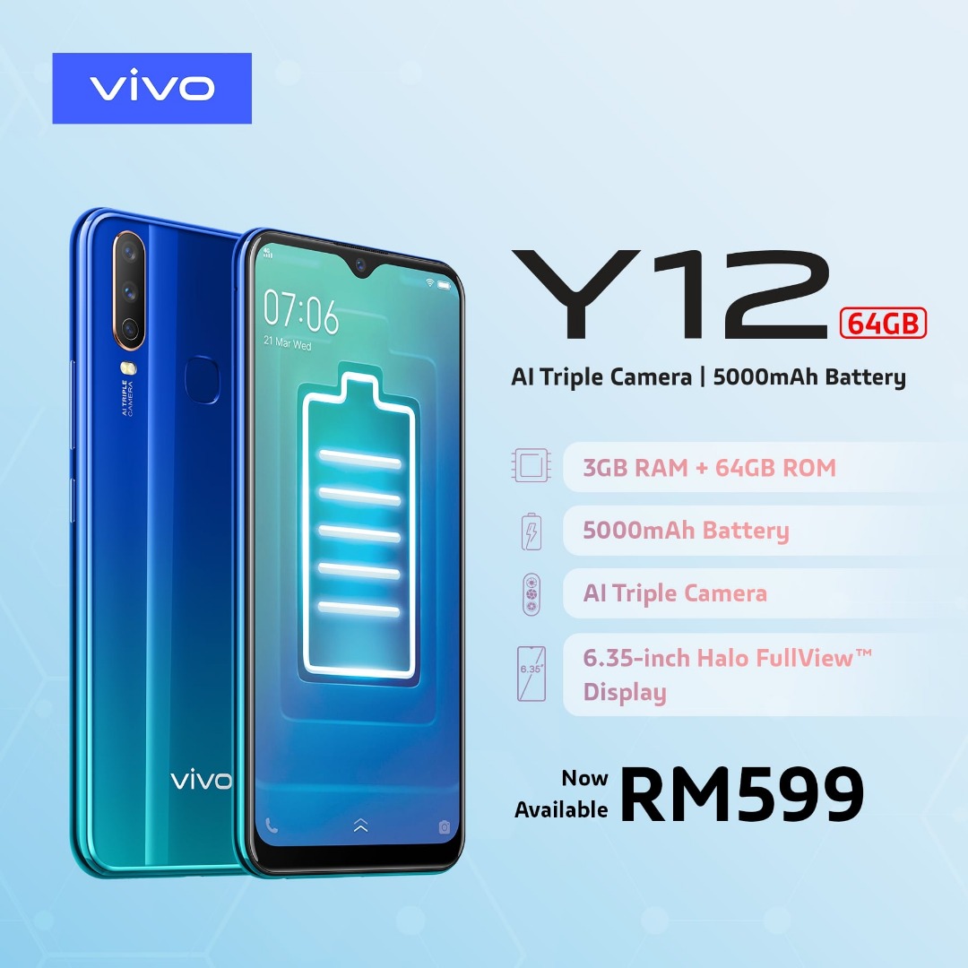 The all new vivo y12 comes with a 64gb storage for just rm599!