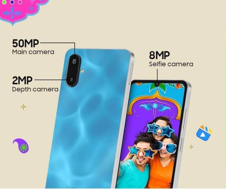 Samsung Galaxy M06 5G featuring a 50MP camera, 6GB RAM, 128GB storage, and a 5000mAh battery